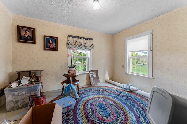 bedroom with multiple windows and a textured ceiling