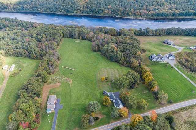 birds eye view of property with a water view and a rural view