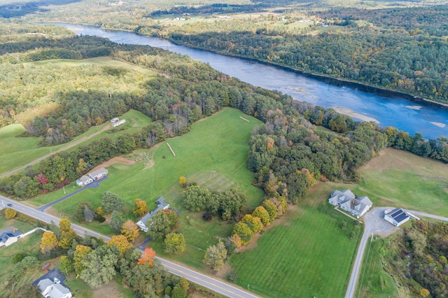 bird's eye view featuring a rural view and a water view