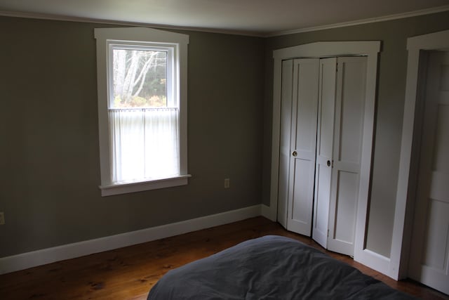 bedroom with a closet, crown molding, and dark wood-type flooring