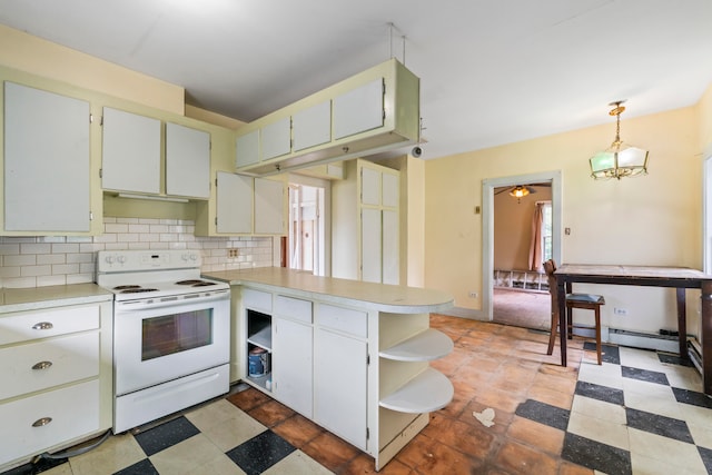 kitchen with tasteful backsplash, white cabinetry, kitchen peninsula, white electric range oven, and decorative light fixtures