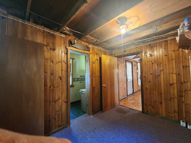 basement featuring wooden walls