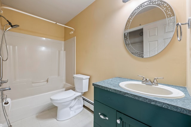 full bathroom featuring a baseboard heating unit,  shower combination, vanity, and toilet