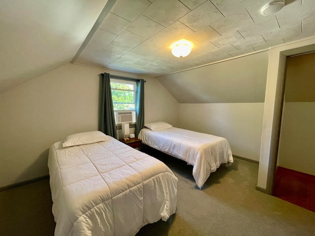 carpeted bedroom featuring vaulted ceiling