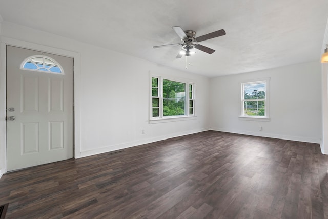 entryway with ceiling fan and dark hardwood / wood-style floors