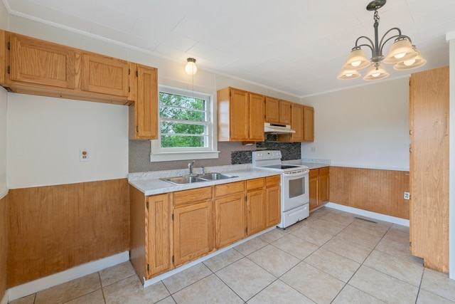 kitchen with pendant lighting, white electric range, an inviting chandelier, wooden walls, and sink