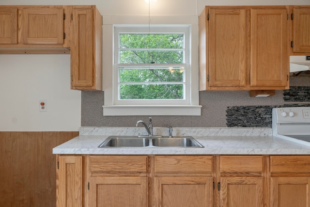 kitchen featuring backsplash, sink, extractor fan, and range