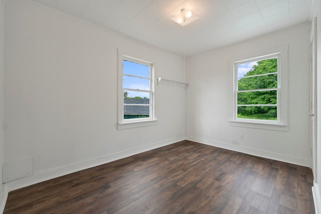 spare room featuring ornamental molding and dark hardwood / wood-style floors