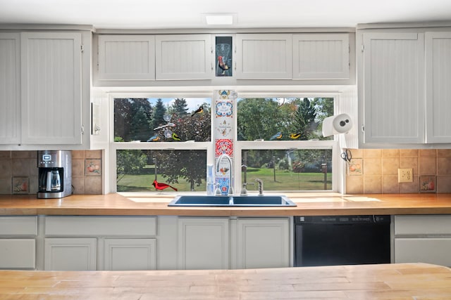 kitchen with backsplash, dishwasher, sink, and wooden counters