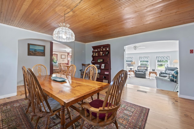 dining room featuring ornamental molding, ceiling fan with notable chandelier, light hardwood / wood-style floors, and wooden ceiling