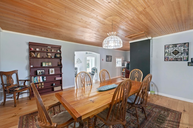 dining area featuring wood ceiling and light wood-type flooring