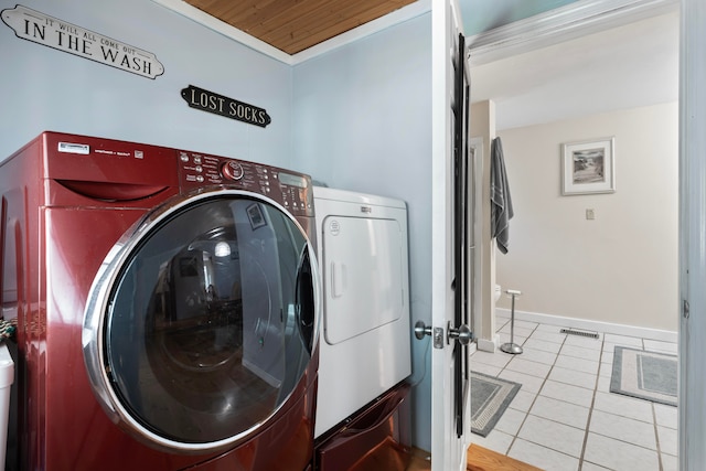 washroom featuring wooden ceiling, light tile patterned flooring, and washing machine and clothes dryer