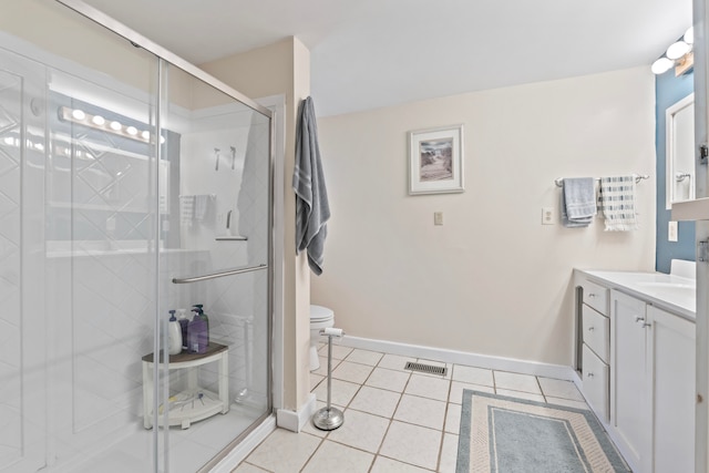 bathroom featuring tile patterned floors, walk in shower, vanity, and toilet