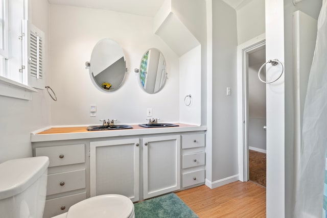 bathroom with hardwood / wood-style floors, vanity, and toilet