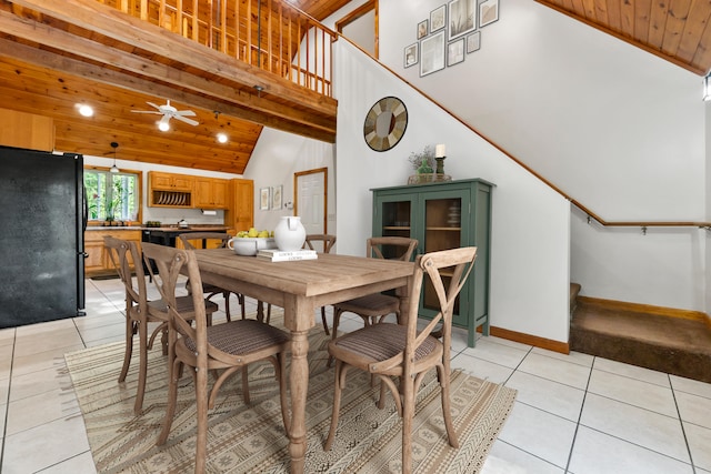 tiled dining room featuring high vaulted ceiling, beam ceiling, ceiling fan, and wooden ceiling