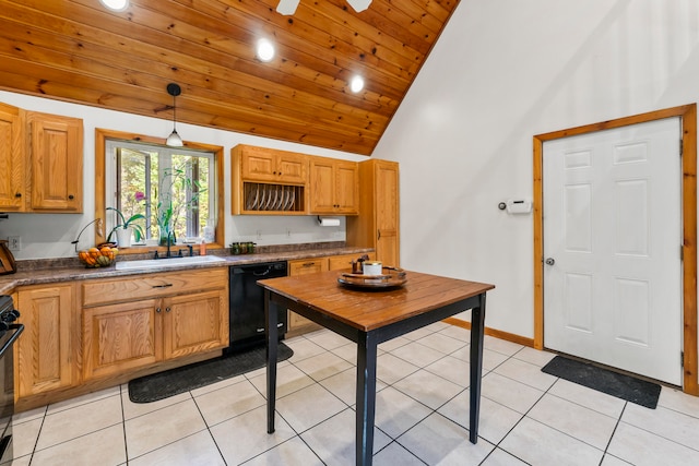 kitchen with light tile patterned flooring, wood ceiling, hanging light fixtures, black appliances, and vaulted ceiling