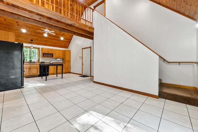 unfurnished living room featuring wood ceiling, light tile patterned flooring, ceiling fan, and high vaulted ceiling