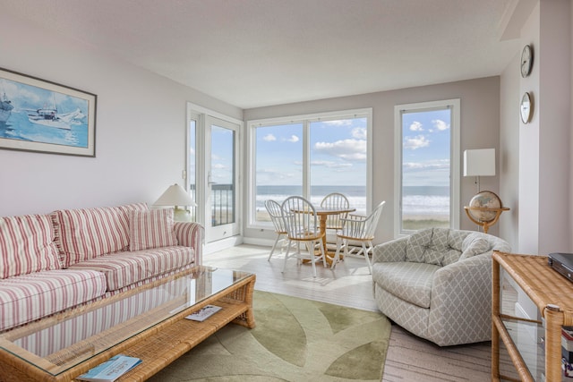 living room featuring hardwood / wood-style flooring and a water view