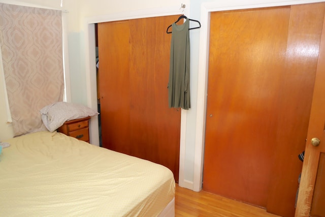 bedroom featuring light wood-type flooring and a closet