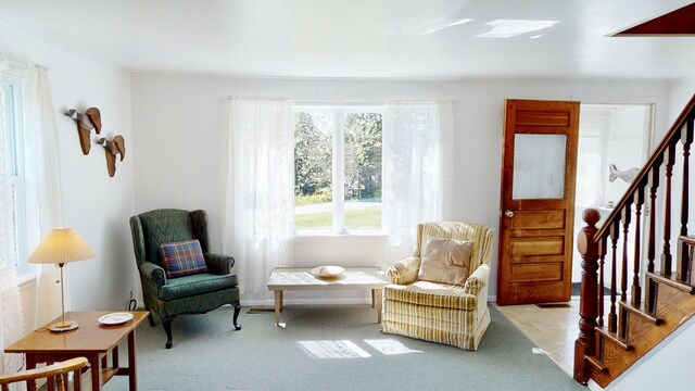 sitting room featuring light colored carpet