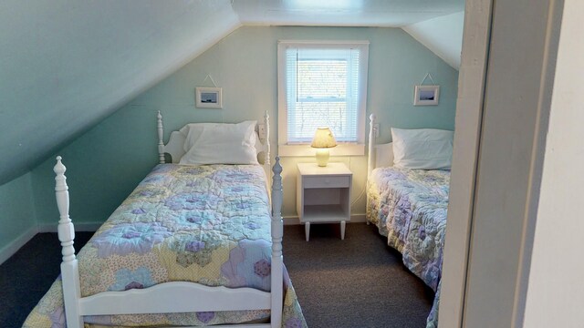 bedroom featuring lofted ceiling and carpet floors