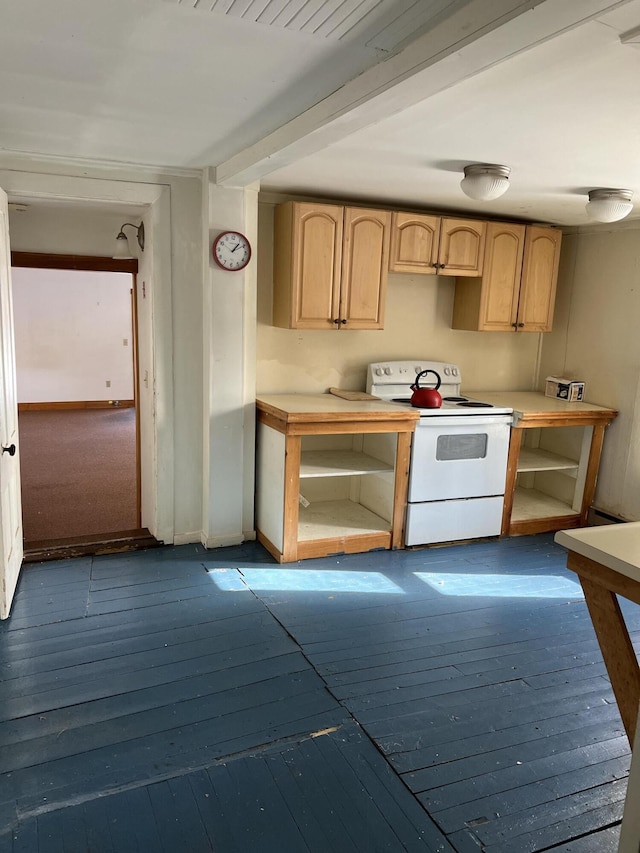 kitchen with white electric range oven, light brown cabinetry, and dark hardwood / wood-style flooring