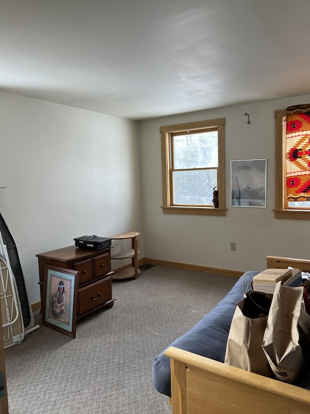 bedroom featuring light carpet