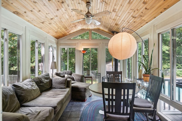 sunroom featuring vaulted ceiling, ceiling fan, and wooden ceiling