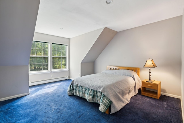 carpeted bedroom featuring a baseboard heating unit and vaulted ceiling