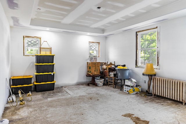 misc room featuring a wealth of natural light, a raised ceiling, and radiator