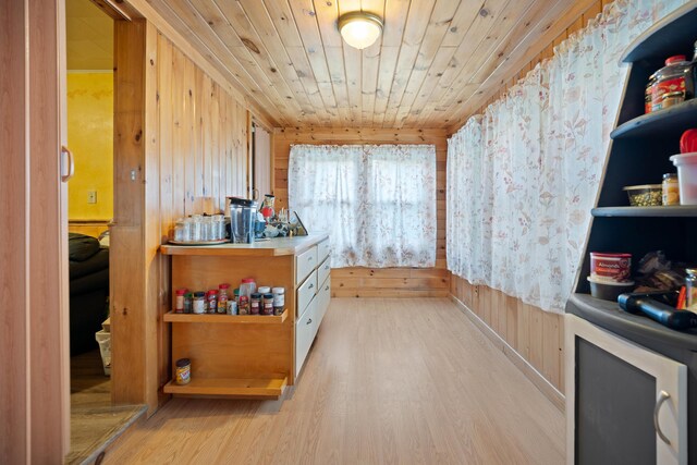 interior space with wood ceiling, light hardwood / wood-style floors, and wooden walls