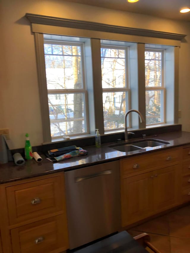 kitchen with tile patterned flooring, plenty of natural light, sink, and stainless steel dishwasher