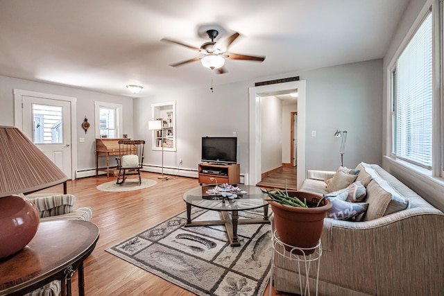 living room featuring a baseboard radiator, wood-type flooring, and ceiling fan