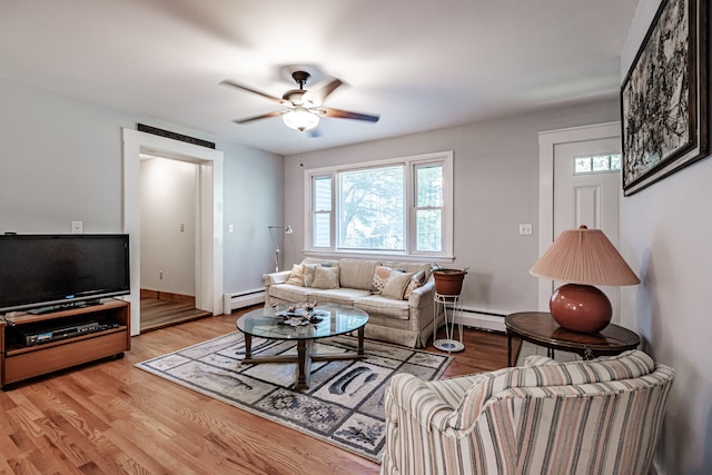 living room with ceiling fan, a baseboard radiator, and light hardwood / wood-style flooring