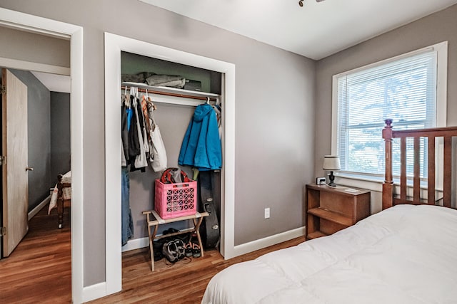 bedroom with wood-type flooring and a closet