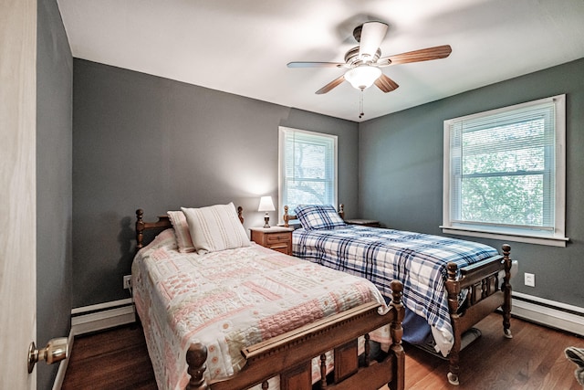 bedroom featuring ceiling fan, baseboard heating, and dark hardwood / wood-style flooring