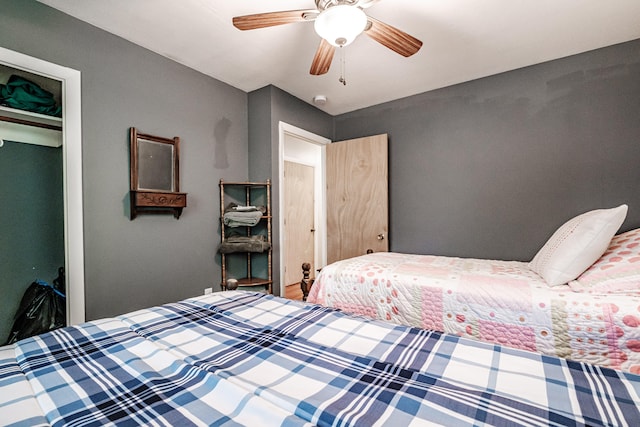 bedroom with ceiling fan and a closet