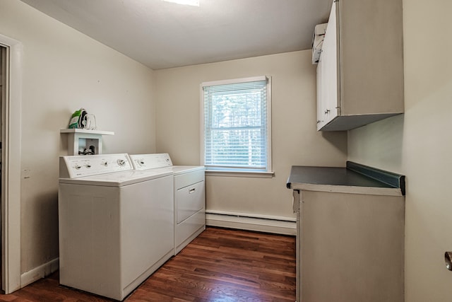 clothes washing area with cabinets, dark hardwood / wood-style floors, baseboard heating, and independent washer and dryer