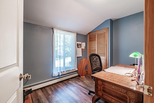 office area featuring vaulted ceiling, a baseboard radiator, and dark wood-type flooring