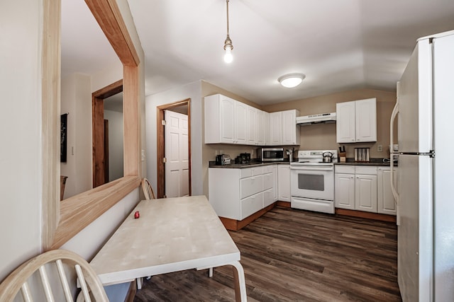 kitchen with hanging light fixtures, white appliances, white cabinetry, ventilation hood, and dark hardwood / wood-style flooring