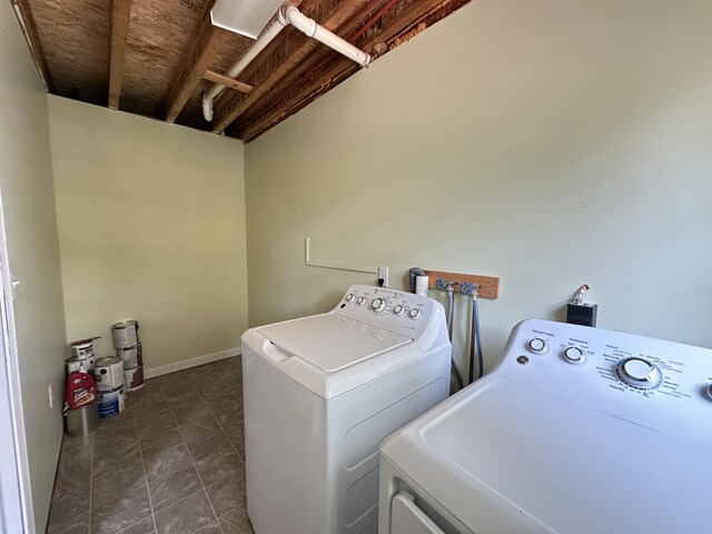 laundry area featuring dark tile patterned floors and washer and dryer