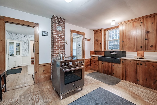 kitchen featuring light wood-type flooring, high end stove, and sink