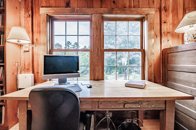 office area featuring wooden walls and a wealth of natural light