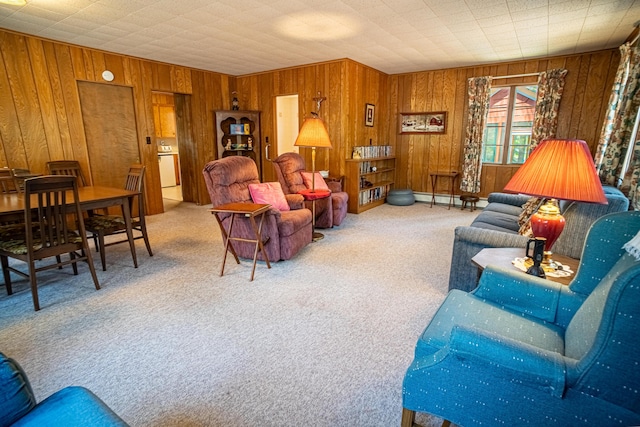 35 Middle Rd, Acton, ME 04001 - carpeted living room featuring a baseboard heating unit and wooden walls