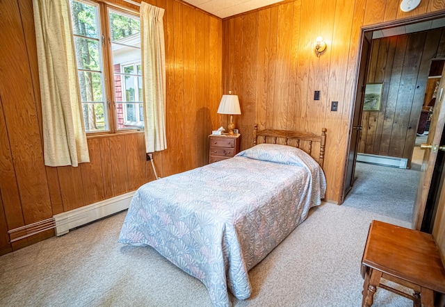35 Middle Rd, Acton, ME 04001 - bedroom featuring a baseboard radiator, carpet flooring, and wooden walls
