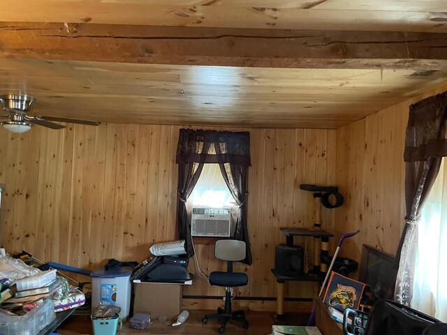 misc room with cooling unit, wood ceiling, wooden walls, and ceiling fan