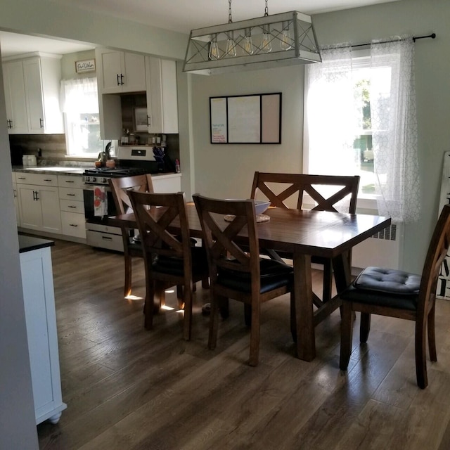 dining space with dark hardwood / wood-style flooring