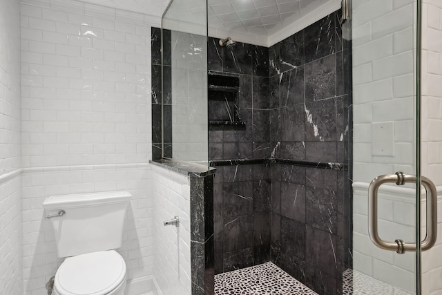 bathroom with tile walls, toilet, and a shower stall