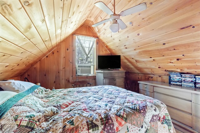 bedroom with ceiling fan, wooden walls, vaulted ceiling, and wood ceiling