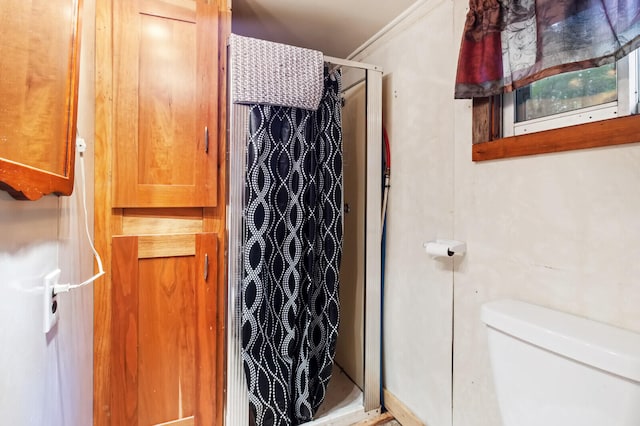 bathroom featuring toilet and curtained shower